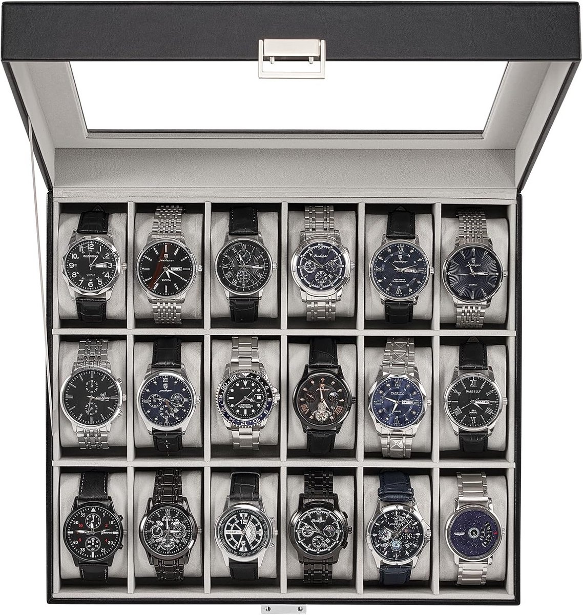 Horlogekoffer voor Mannen, 18 Vakken met Glazen Deksel, Horlogehouder Organizer voor Weergave en Opslag - Zwart