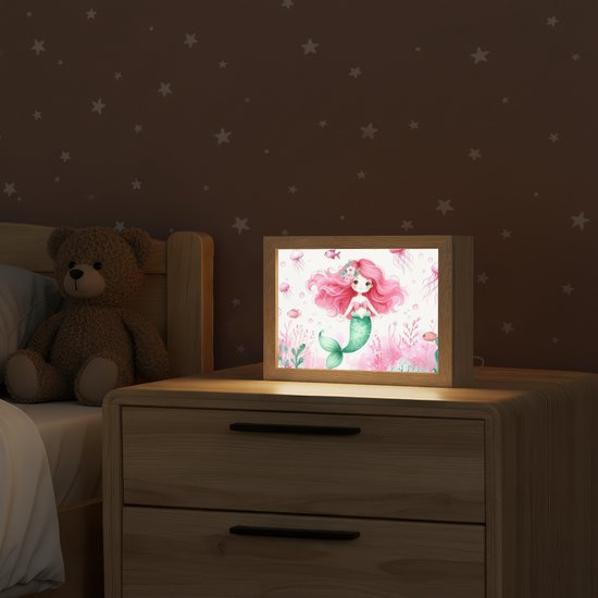 Nachtlampje 20x15 cm - Kinder lampje - Zeemeermin - Roze - Zeedieren - Onderwater - Tafellamp kinderkamer - Slaapkamer lamp - Bedlamp kinderen - Kinderlampje stopcontact - Wandlamp babykamer - Nachtlampjes van OnlyWow — afbeelding 2