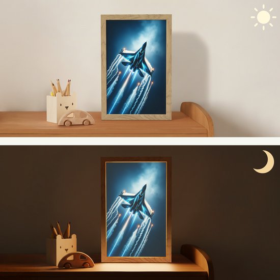 Nachtlampje 20x30 cm - Kinder lampje - Straaljager - Blauw - Jongens - Tafellamp kinderkamer - Slaapkamer lamp - Bedlamp kinderen - Kinderlampje stopcontact - Wandlamp babykamer - Nachtlampjes van Merkloos — afbeelding 4