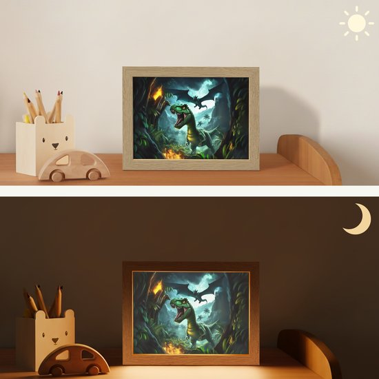 Nachtlampje 20x15 cm - Kinder lampje - Dinosaurus - Draak - Jungle - Groen - Tafellamp kinderkamer - Slaapkamer lamp - Bedlamp kinderen - Kinderlampje stopcontact - Wandlamp babykamer - Nachtlampjes van OnlyWow — afbeelding 4