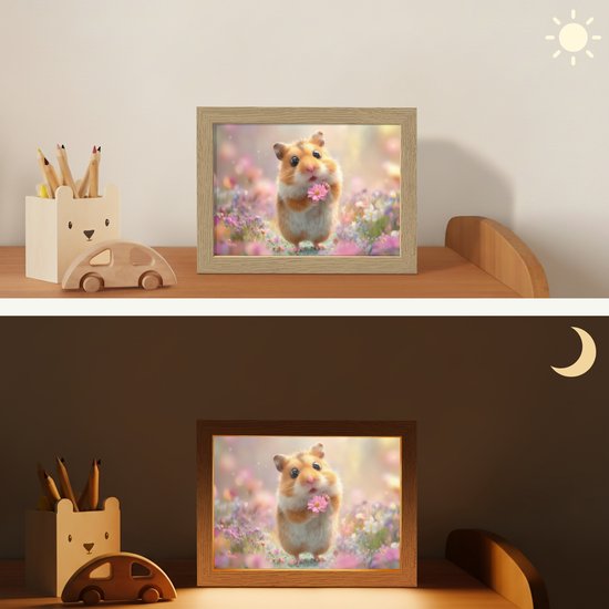 Nachtlampje 20x15 cm - Kinder lampje - Hamster - Bloemen - Roze - Oranje - Tafellamp kinderkamer - Slaapkamer lamp - Bedlamp kinderen - Kinderlampje stopcontact - Wandlamp babykamer - Nachtlampjes van Merkloos — afbeelding 4