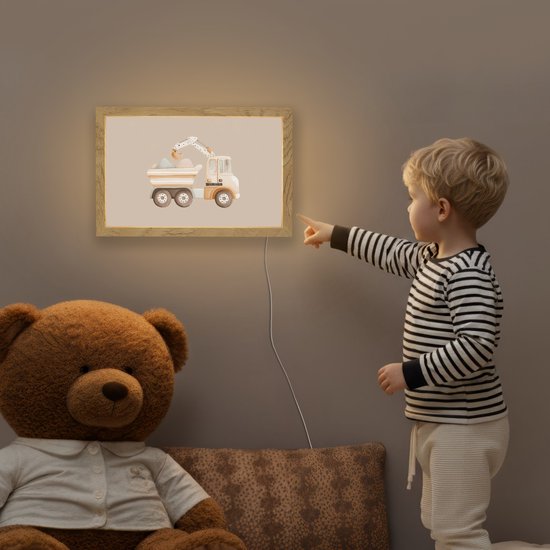 Nachtlampje 30x20 cm - Kinder lampje - Kiepwagen - Auto - Beige - Tafellamp kinderkamer - Slaapkamer lamp - Bedlamp kinderen - Kinderlampje stopcontact - Wandlamp babykamer - Nachtlampjes van OnlyWow — afbeelding 5