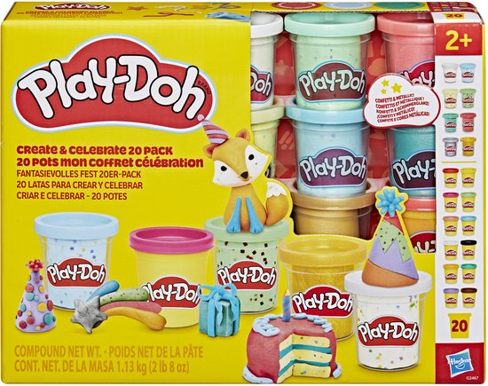 Play-Doh 20-pack in feestverpakking met een vosje, taart, cadeautjes en potten klei.