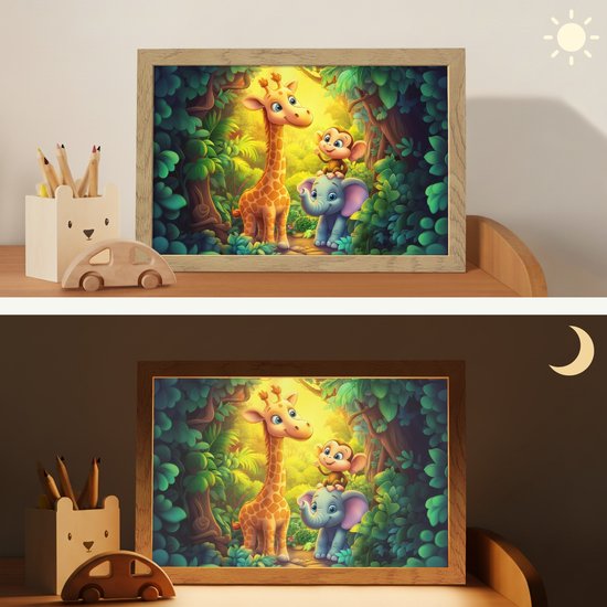 Nachtlampje 30x20 cm - Kinder lampje - Dieren - Jungle - Giraf - Olifant - Aapje - Tafellamp kinderkamer - Slaapkamer lamp - Bedlamp kinderen - Kinderlampje stopcontact - Wandlamp babykamer - Nachtlampjes van Decoware — afbeelding 4