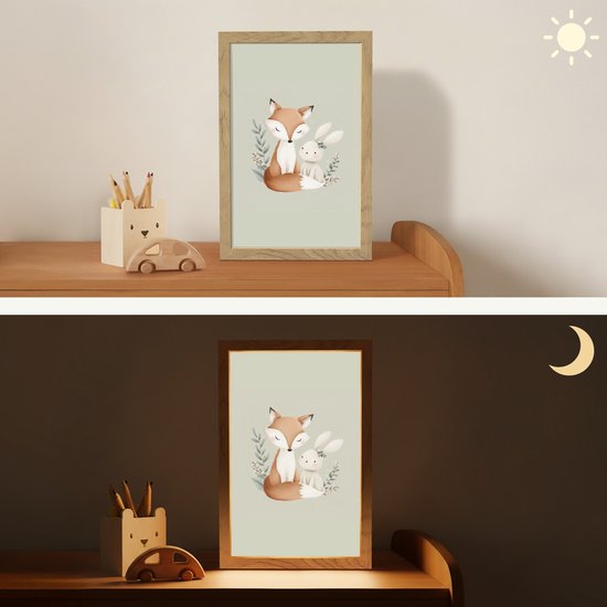 Nachtlampje 20x30 cm - Kinder lampje - Illustratie - Vos - Konijn - Bladeren - Tafellamp kinderkamer - Slaapkamer lamp - Bedlamp kinderen - Kinderlampje stopcontact - Wandlamp babykamer - Nachtlampjes van Merkloos — afbeelding 4