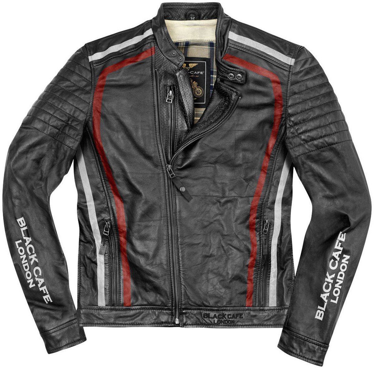 Black-Cafe London Seoul Zwart Wit Rood Leren Motorjas - Jas
