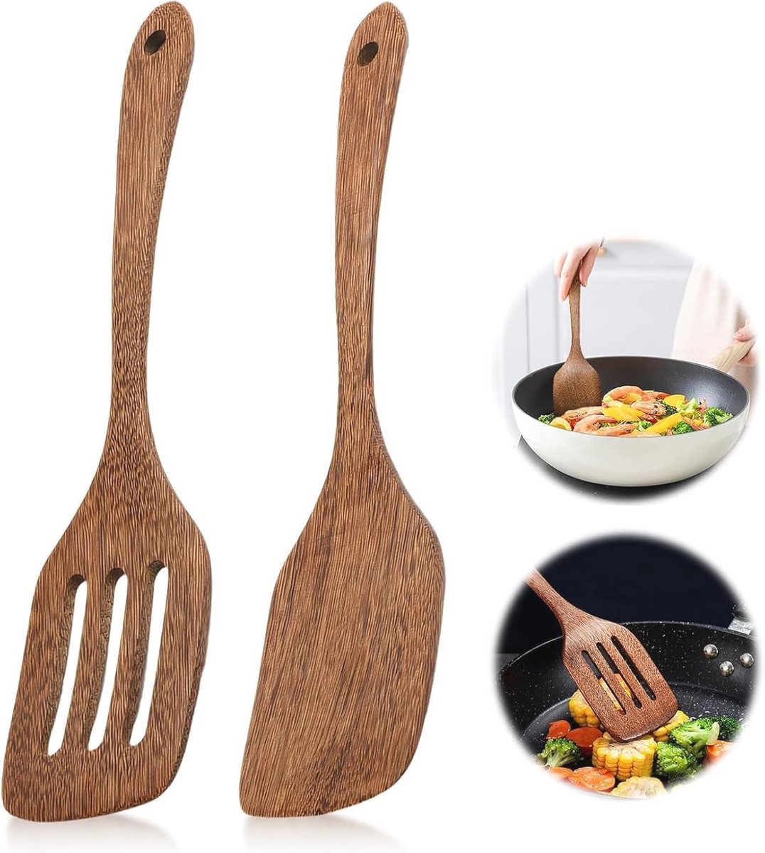 Houten Bakspatel Set van 2 - 30 cm Grote Spatel met Lange Handgreep en Sleufspatel voor Koken - Vaatwasmachinebestendig Kookgerei