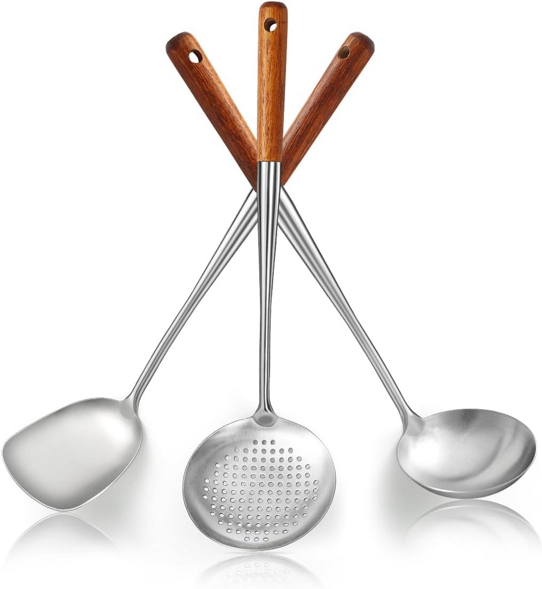 Wok Spatel Set 43 cm - Hittebestendige Houten Handgreep, RVS Keuken Gereedschappen