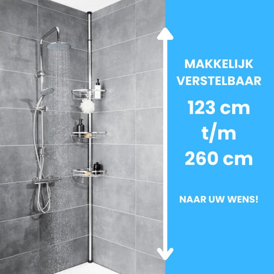 Verstelbaar chroom doucherek van 123 tot 260 cm hoog, met 3 mandjes.