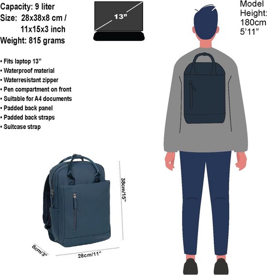 Waterproof Unisex 13 Inch Laptop Backpack - 9L Capacity with Double ...