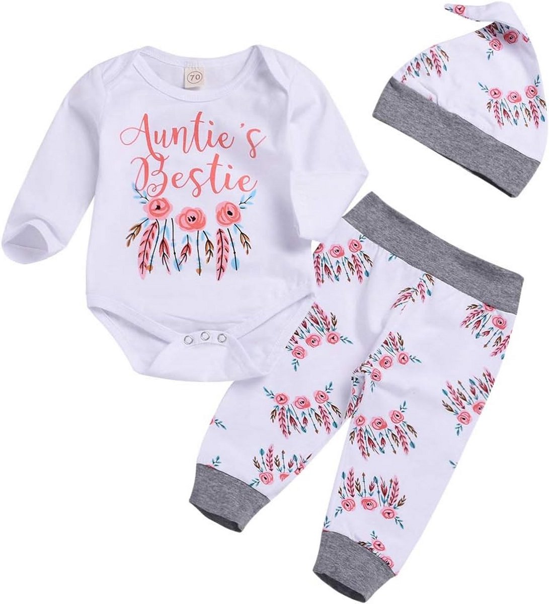 Schattige 3-delige Baby Meisjes Kledingset Romper, Bloemenbroek en Hoedje