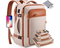REDOM Reisrugzak 40L Uitbreidbaar - USB Oplaadpoort & 4 Inpakzakken - Waterafstotend Backpack met 17 Inch Laptopvak - Handbagage Reistas - Beige