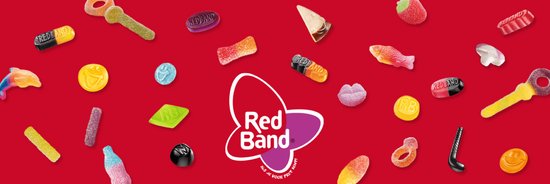 Een rode achtergrond met diverse snoepjes en het Red Band logo.