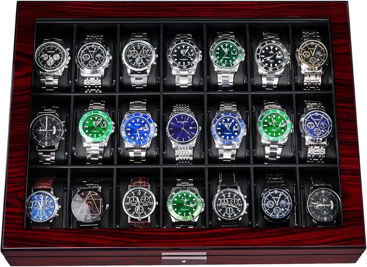 Luxe Horlogedoos 21 Vakken met Groot Glazen Deksel - Horlogekast voor Heren