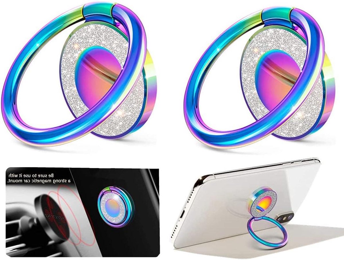 Allecta - Metalen telefoonring set van 2 stuks voor smartphones - glanzende pailletten - 360 graden draaibaar