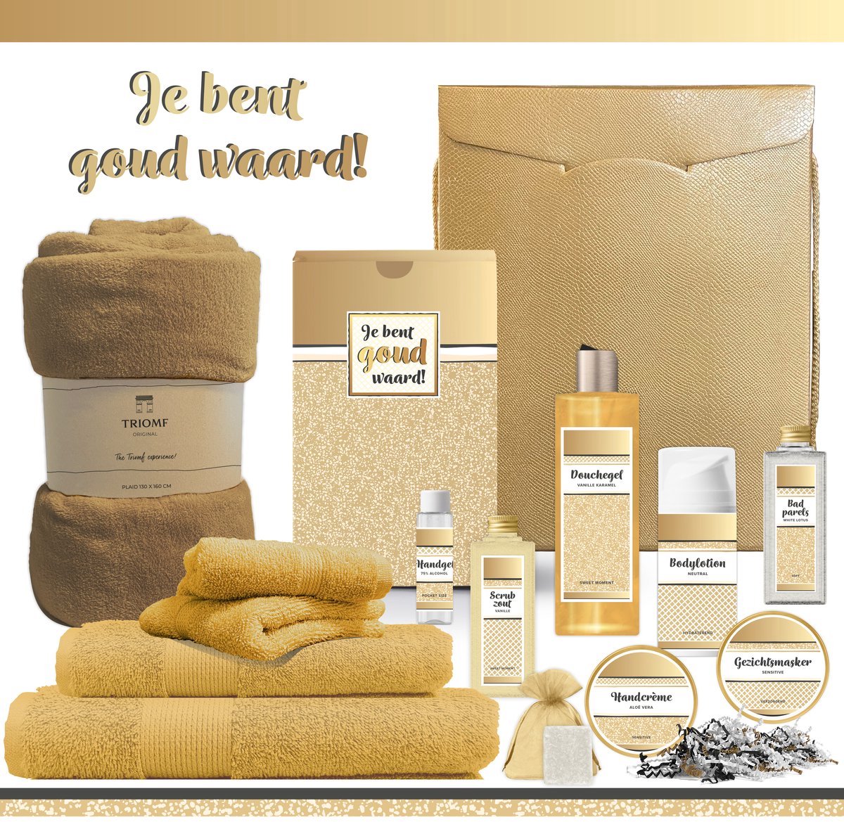 Geschenkset “Je bent goud waard!” - 13 producten - 1771 gram | Cadeau Vrouw - Wellness Pakket Vrouw - Gifset Kerst - Cadeaupakket Collega Werknemer Vrijwilliger - Kerstpakket - Verjaardag Moeder Moederdag - Gift Set Oma - Kerstpakket Goud