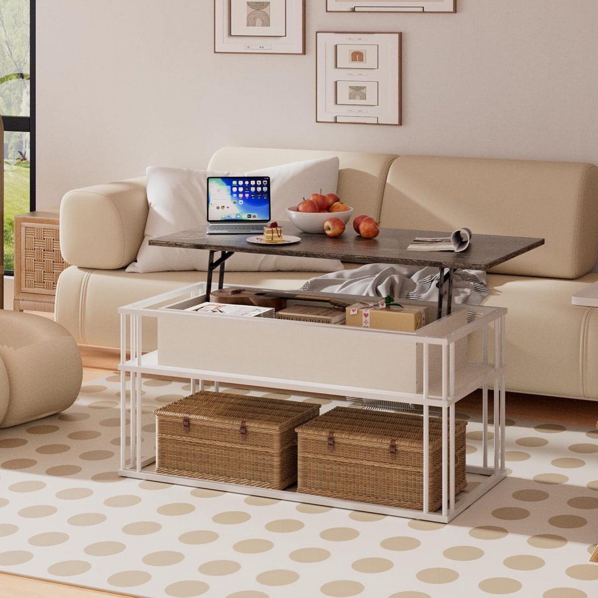 Salontafel met lift - Moderne vierkante tafel - Woonkamer organiseren - Verborgen opbergruimte - 100x50 cm - Grijs wit