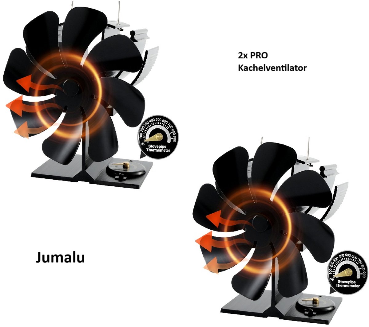 2x PRO Kachelventilator – Kachelventilator Voor Houtkachel – Warmtegedreven Ecofan met 8 Bladen – Zonder Stroom & Stil – Inclusief Thermometer - zwart