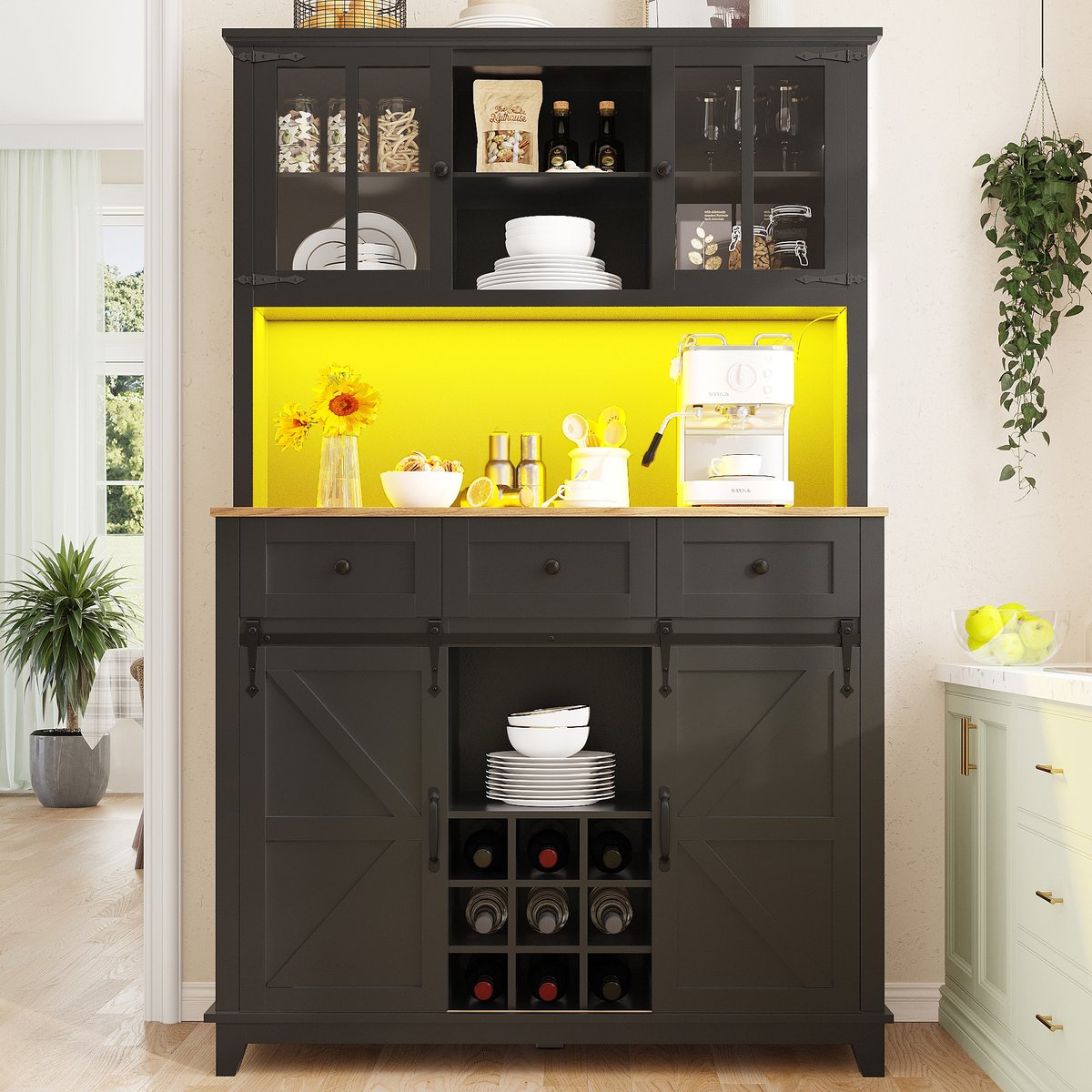 Kast voor in de keuken (105×38,4×180 cm), Hoge keukenkast, Vitrinekast, Buffetkast met verstelbare planken, Sideboard met LED-verlichting, variabele lichtkleuren, zwart