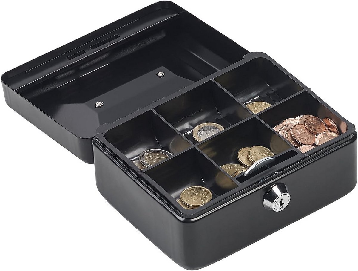 Stalen geldcassette met slot en 6 vakken voor munten