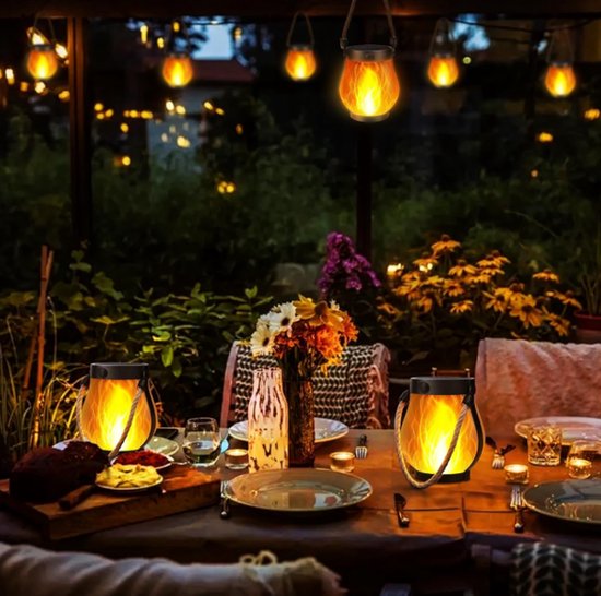 Solar Tuinverlichting - 2 Stuks - Vlam Effect - Tuinlantaarn - Tuinlamp Solar - Buitenverlichting - Solar Buitenlamp - Waterdicht - Met Touw - Geschikt Voor Camping, Terrassen, Tuinen, Patio's, Veranda's, Tuindecoraties — afbeelding 4