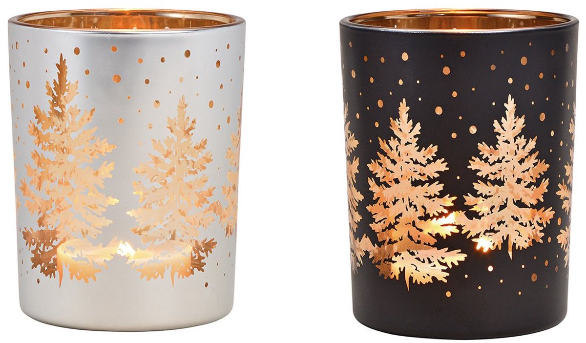 theelichthouder/kaarshouder kerstboomdecor van glas zwart, zilver 2-voudig, (B/H/D) 10x12x10cm