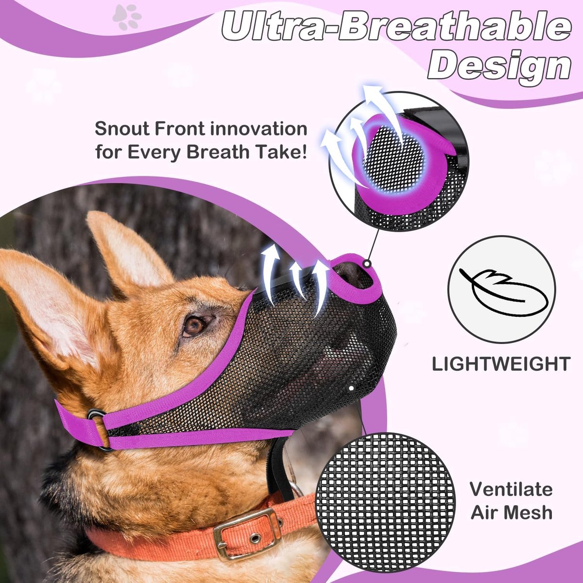 Soft Air Mesh Dog Muzzle For S-M-L Dogs - Anti-Biting Barking Chewing Scavenging Adjustable Loop - Front Opening Design Allows Panting Drinking - Grooming Training Walking Pet Accessory - Breathable Comfortable Pet Supplies-paars, M — cadeau in Cadeau-ideeën - foto 3