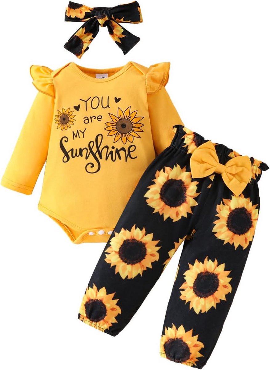 Schattige Baby Meisjes Kleding Set Lange Mouw Romper en Broek met Zonnebloem Patroon 0-18 Maanden