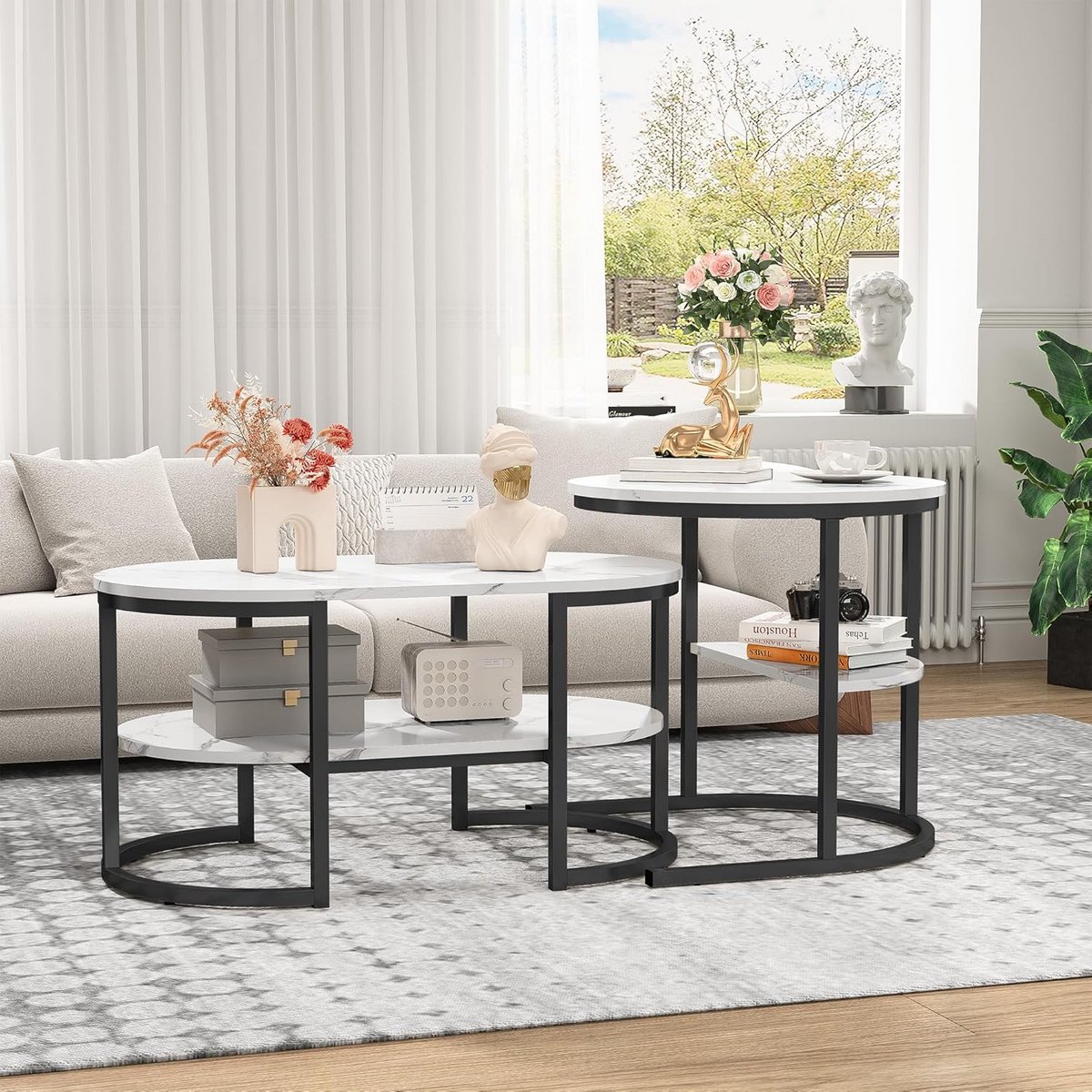 Set van 2 Ronde en Ovale Bijzettafels met Opbergruimte, Uitschuifbare Salontafel, Marmeren Look, Metalen Frame - Wit + Zwart