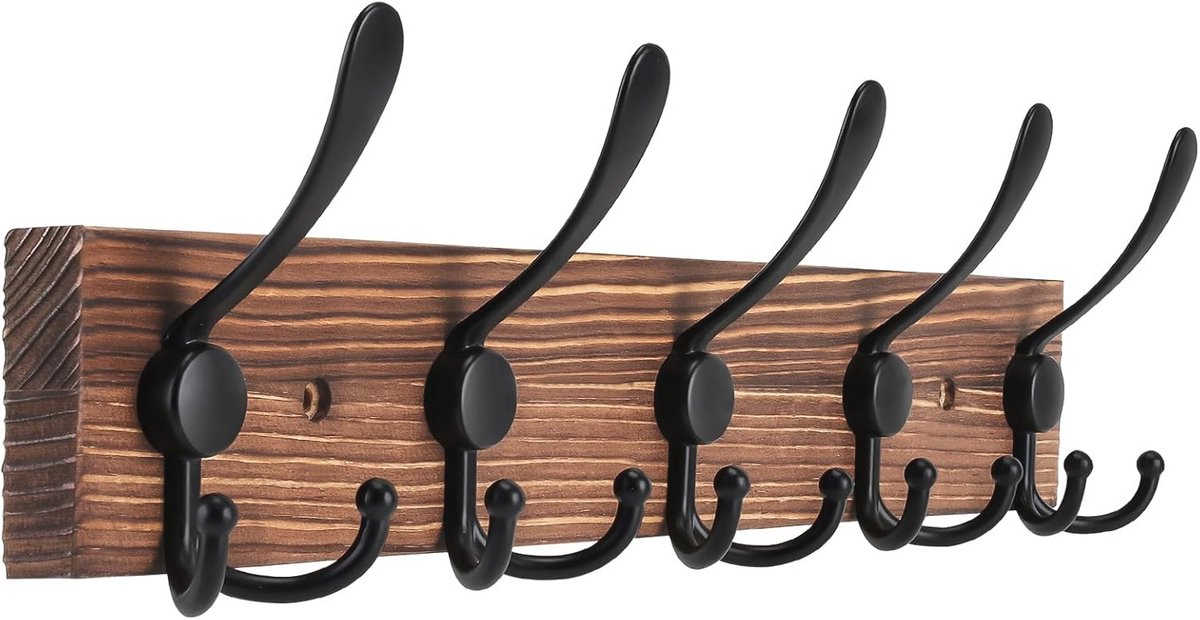 Rustieke Wandkapstok met Haken - 42,9 cm Houten Kleerhanger voor Jassen, Hoeden en Tassen