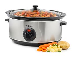 COOK-IT Slowcooker 6,5L - Ovale Keramische Binnenpan - 3 Standen - Glazen Deksel - RVS Buitenwand - Eenvoudig schoon te maken