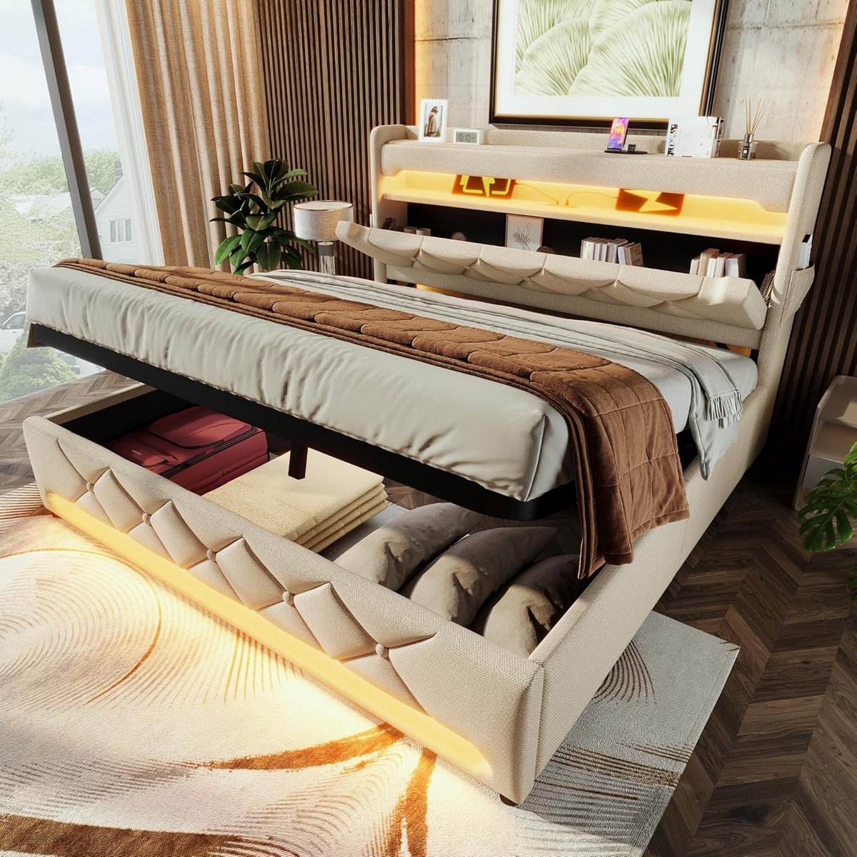 Tweepersoonsbed 180x200 met Opbergruimte, Hoofdbord en LED Verlichting