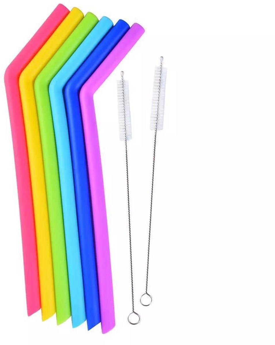 6x Herbruikbare rietjes - Siliconen - Multicolor - Inclusief schoonmaakborstel - 21 cm - Jonyx