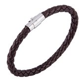 Gevlochten Leren Armband met Stalen Sluiting - Donker Bruin - Armbanden Heren Dames - Schoencadeautjes Sinterklaas Jongen - Cadeaus Mannen