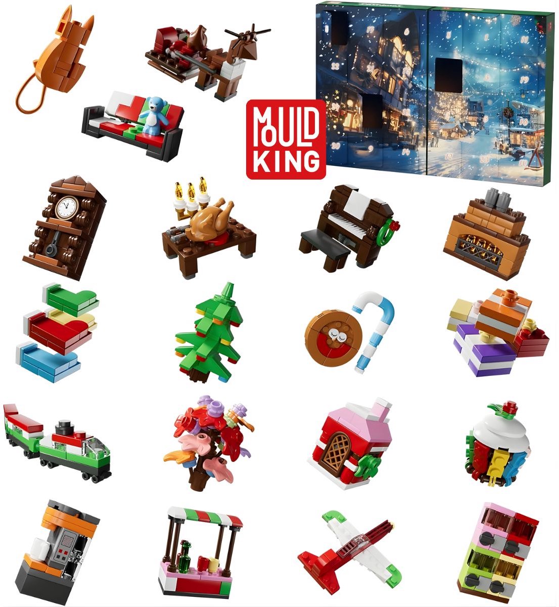 Mould King Kerst adventskalender #1 24-delig 2025 - 2026 aftelkalender bouwset | Incl. mini kerstboom / trein | Creator classic bouwpakket compatibel met lego | Educatief speelgoed voor volwassenen & kinderen | Bouwdoos met 694 bouwstenen — afbeelding 7