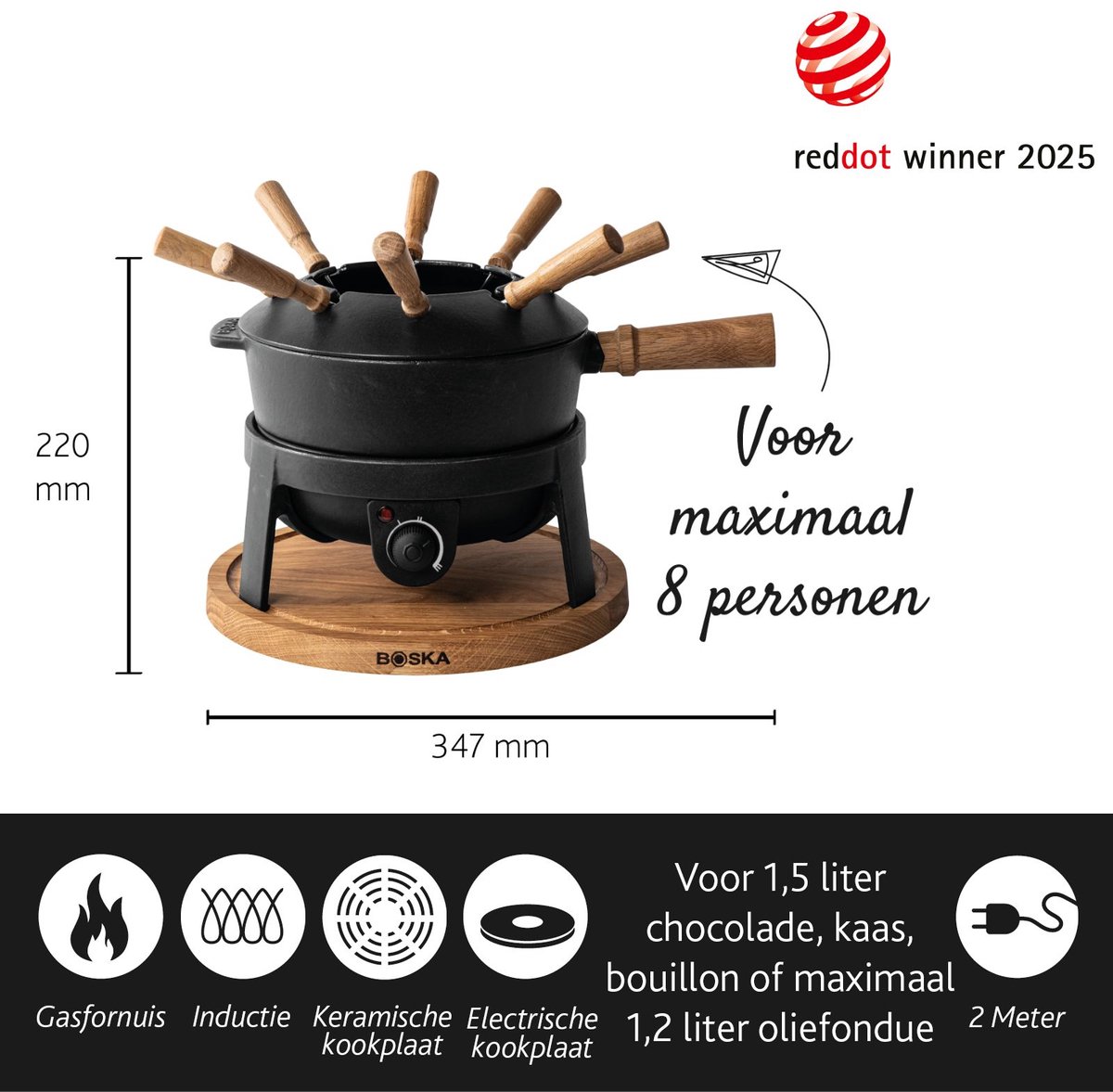 Boska Elektrische Fondueset Pro - Voor elk type fondue - 8 personen - Stijlvol gietijzer - Extra lang snoer — cadeau in Kookcadeaus - foto 3