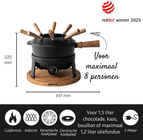 Boska Elektrische Fondueset Pro - Voor elk type fondue - 8 personen - Stijlvol gietijzer - Extra lang snoer