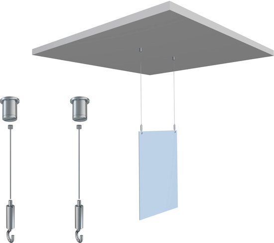 Twee zilverkleurige plafondophangsystemen met staaldraad en haak, naast een lichtblauw paneel dat hangt aan twee andere systemen van het plafond.