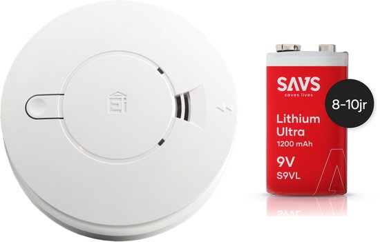 Witte Ei 146e rookmelder en rode 9V SAVS Lithium Ultra 1200 mAh batterij.