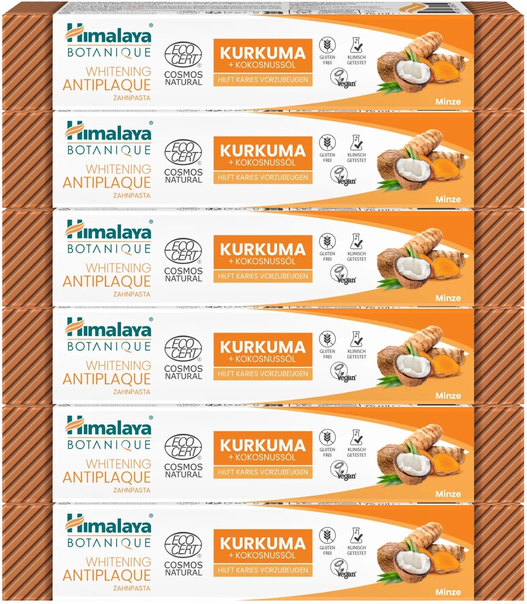 Himalaya Botanique Whitening Antiplaque Toothpaste Curcuma + Coconut Oil - 6 x 75ml - Natuurlijke Tandpasta tegen Tandplak - Ayurvedisch - Fluoridevrij - Vegan - Met Kurkuma en Kokosolie