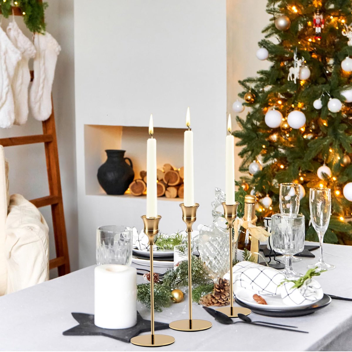 Unyqoos Elegante set van zes metalen kaarsenhouders voor romantische decoratie Goud
