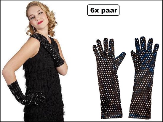 6x Paar handschoenen lang Las vegas glitter 35cm - Maat S - Thema feest optocht handschoen lang