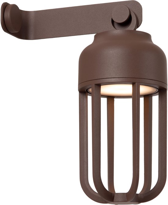 Lucide WELLS - Oplaadbare Wandlamp Binnen/Buiten - Accu/Batterij - Ø 10 cm - LED Dimbaar - CCT - 1 × 5W 2700K/4000K - IP54 - Roest bruin - Essential