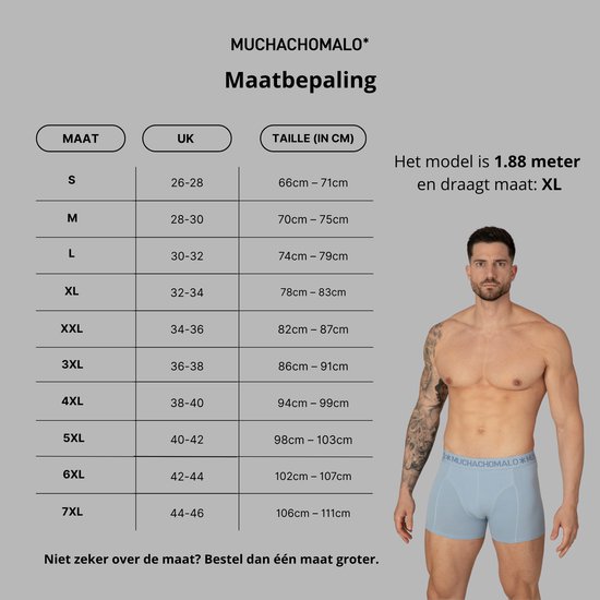 Maattabel voor Muchachomalo heren boxershorts met een model en uitleg over de pasvorm.