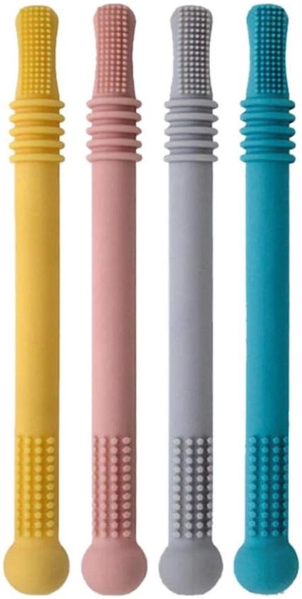 Quatre anneaux de dentition en silicone, jaune, rose, gris et bleu.