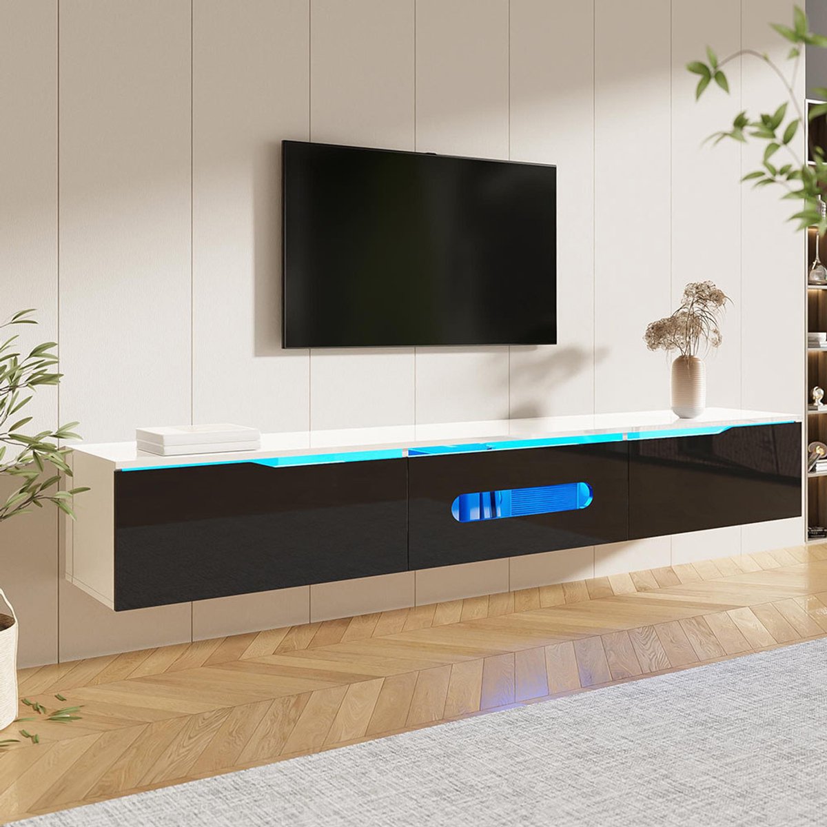 KOMHTOM BLACKCOLORS - TV-meubel - Zwart-Wit - 180 cm - Glanzend - 16 Kleuren LED-verlichting - Muurmontage Mogelijk Zwart + wit