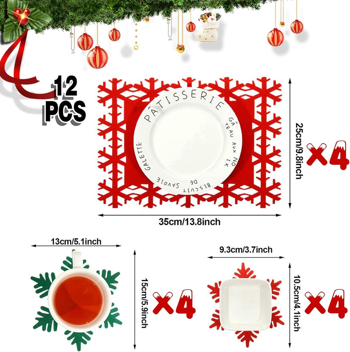Set van 12 placemats, kerstplacemats en onderzetters, rode placemats, tafelset van vilt, geschikt voor het decoreren van kerstfeestjes, feestdagen, bruiloften en diners. — cadeau in Wonen & Interieur - foto 4