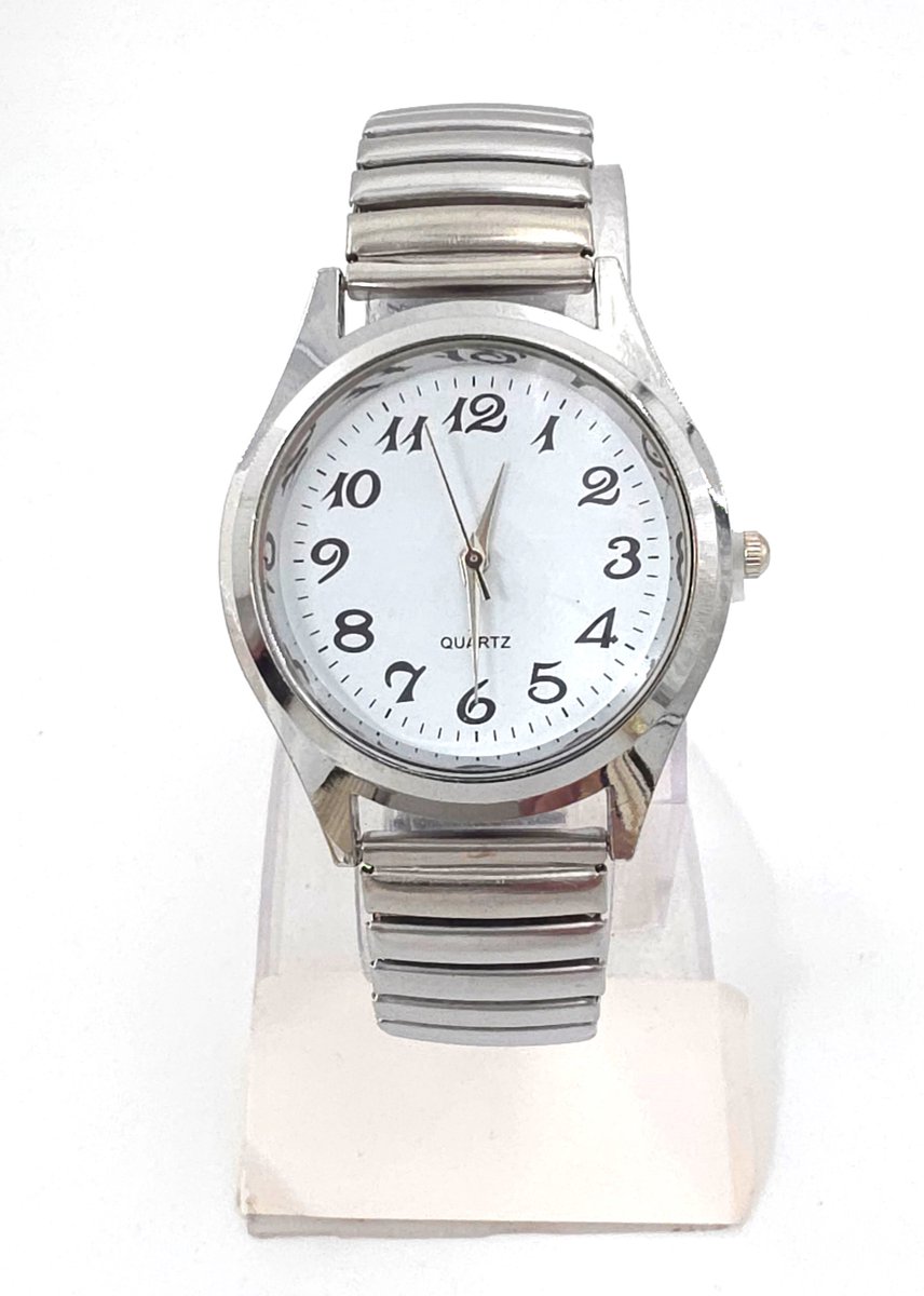 Horloge - Rekband - Heren - Klassiek - Ø 37mm - L 20 cm - Zilverkleurig - RVS - Witte duidelijke wijzerplaat - past bijna elke pols.