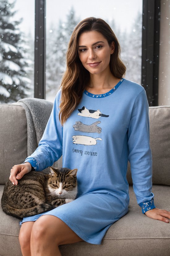 Robe de nuit - Robe de nuit Hiver - Femme - Luna - Col rond - col et bras finis avec de jolis minous - taille S - Love - Super doux - HQ - Chatons - Chatons - Rose - gris - Blauw