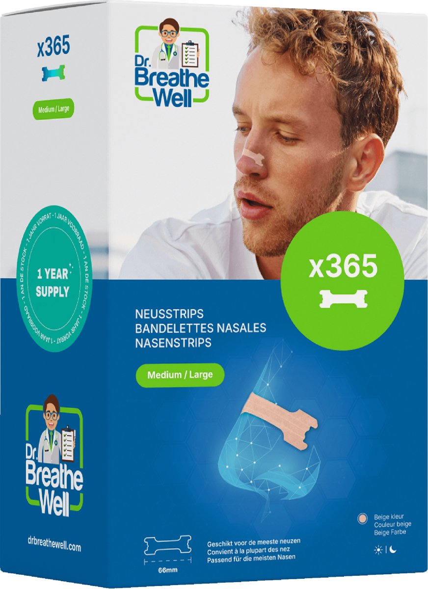 Dr. Breathe Well ™ - 365 Neuspleisters - Maat 66mm medium/large - Anti Snurk Pleisters - 365 Neusstrips - Sterke kleefstof - Eenvoudig te verwijderen - Simply the right choice!